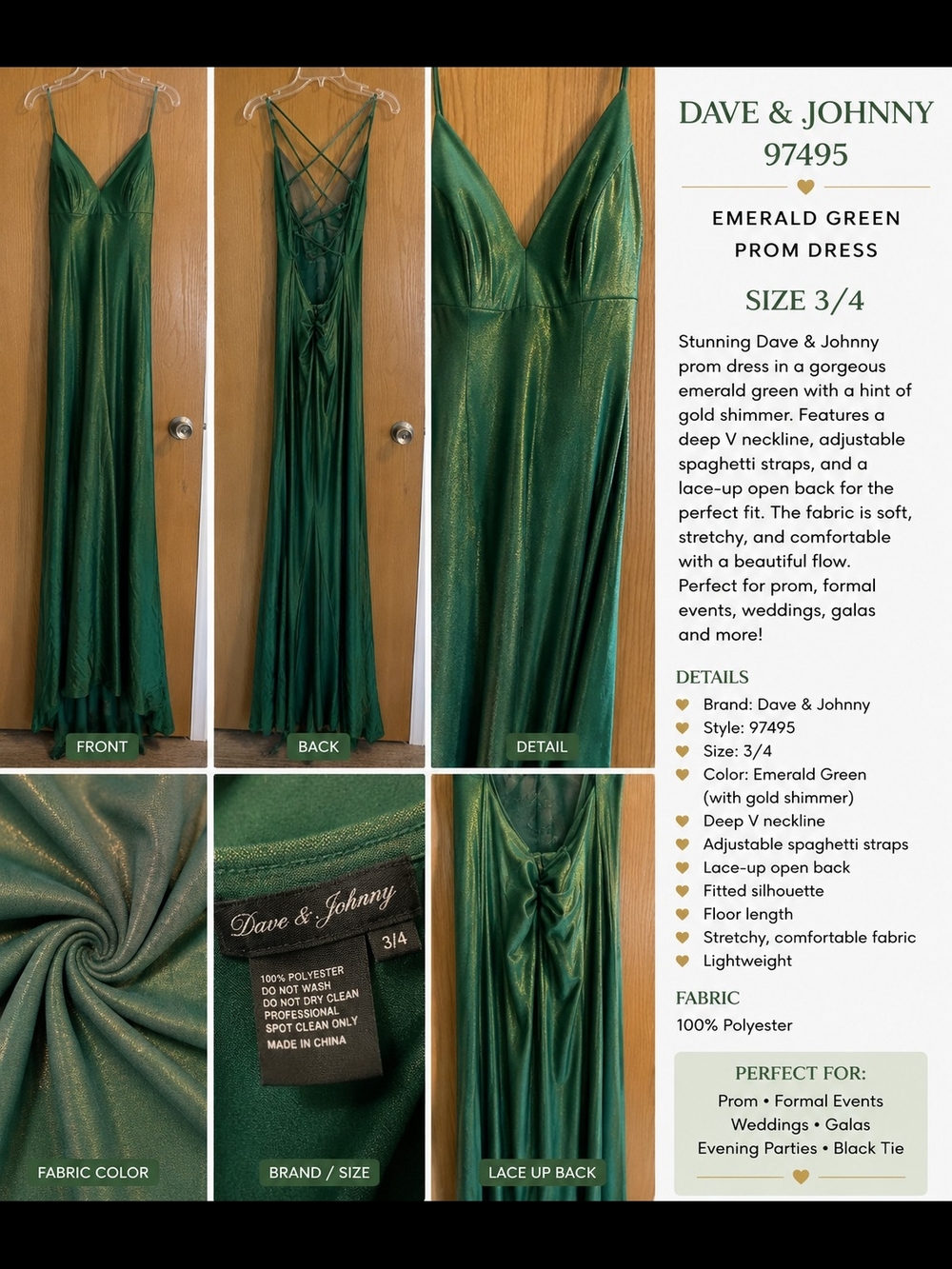 Dave & Johnny Emerald Green Satin Shimmer Lace-Up Prom Gown